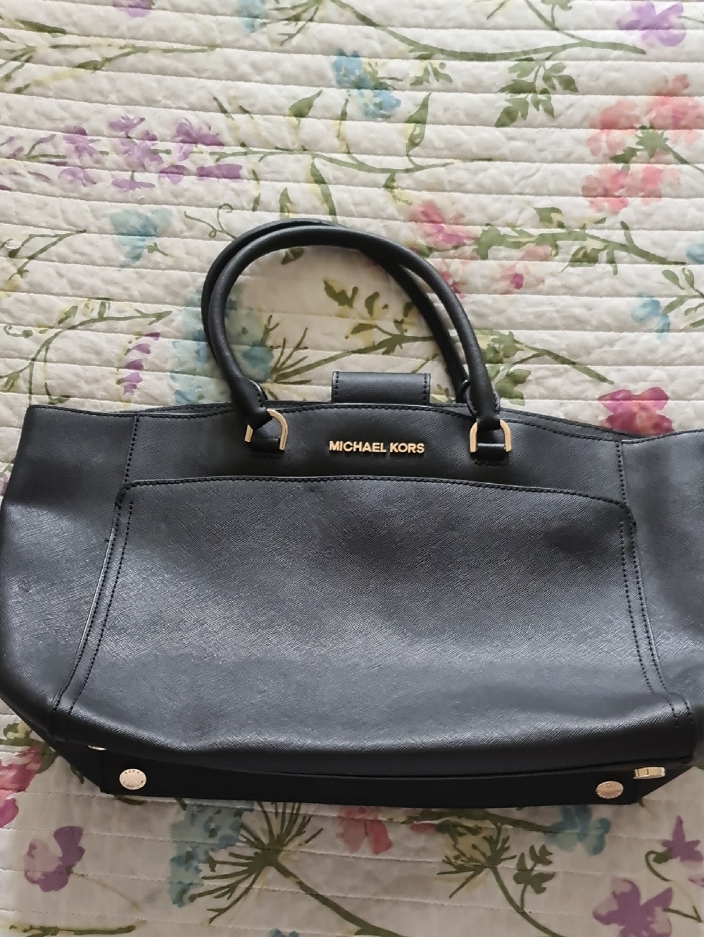 Michael Kors Black Leather Tote with Gold Hardware